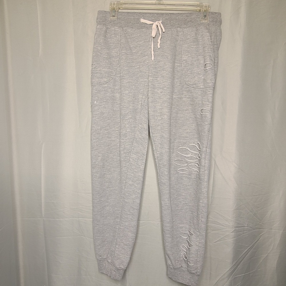 Y2K Distressed Joggers Womens M Gray Ripped Cut Out Sweatpants Streetwear